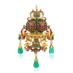 Emerald, ruby and enamel pendent brooch, circa 1860