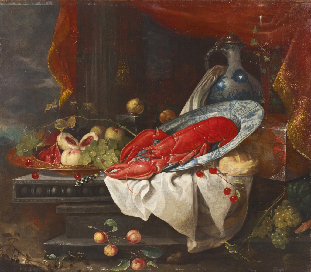 View full screen - View 1 of Lot 131. FOLLOWER OF JAN DAVIDSZ. DE HEEM | Still life with peaches, plums and grapes in a gilt charger, a lobster on a porcelain plate, a porcelain jug, a façon de Venise glass, cherries, a loaf of bread and lemons on a partly-draped ledge.