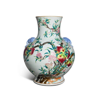View full screen - View 1 of Lot 618. A large famille-rose handled 'nine peaches' vase, Late Qing dynasty | 清末 粉彩九桃雙耳大瓶.