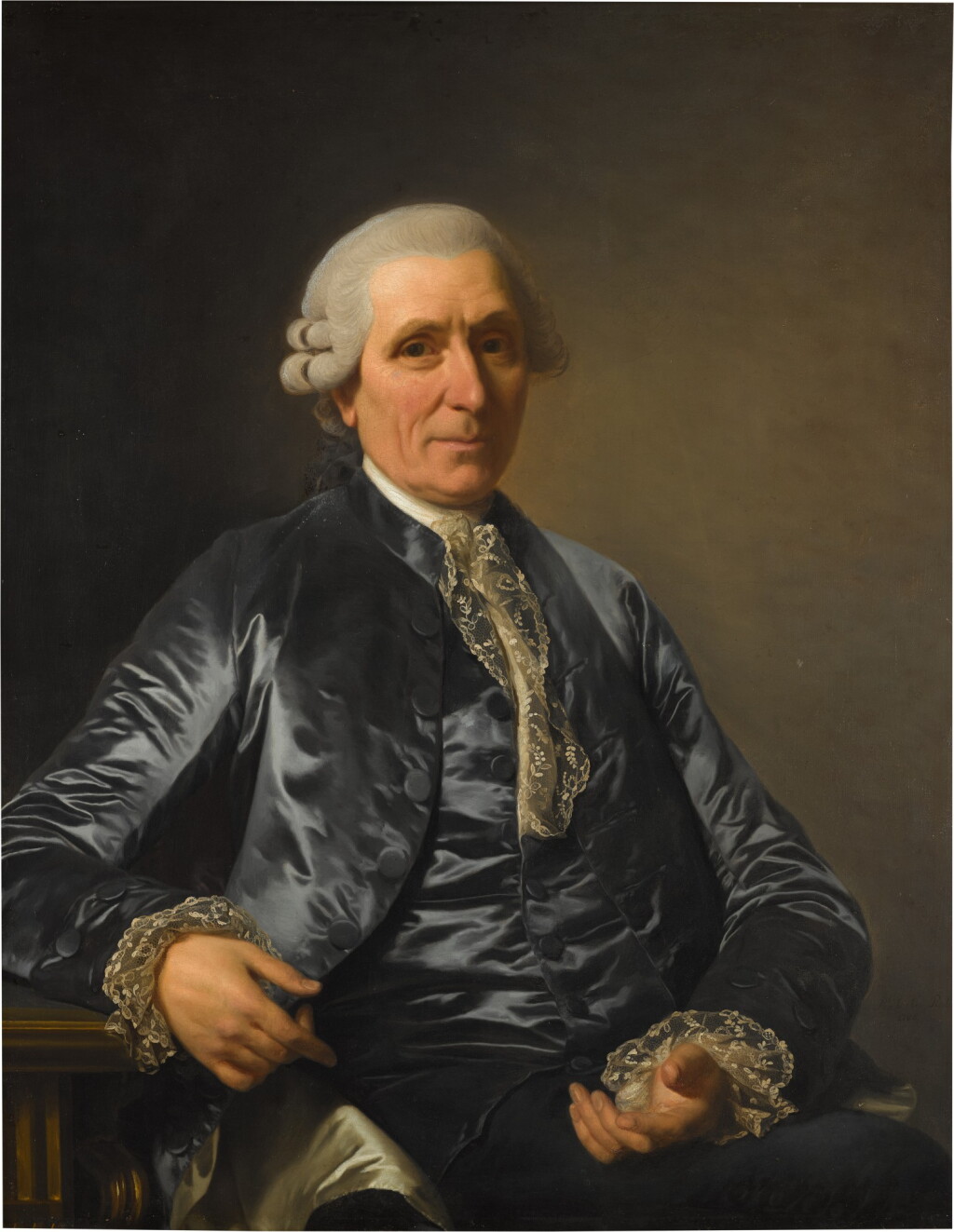 View full screen - View 1 of Lot 210. Portrait of a gentleman, three-quarter-length, wearing a blue silk suit, sitting in a chair.
