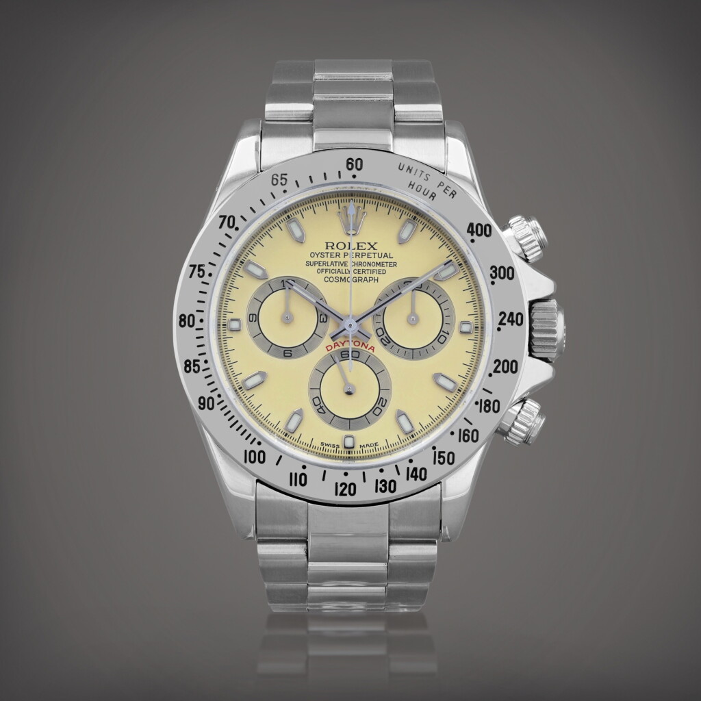 Voir en plein écran - Voir 1 du lot 361. Daytona 'Mustard', reference 116520 Montre bracelet chronographe en acier | Stainless steel chronograph wristwatch with bracelet Vers 2000 | Circa 2000.