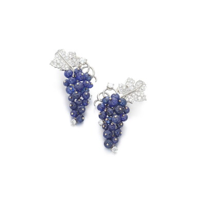 View full screen - View 1 of Lot 663. Pair of sapphire and diamond earrings.