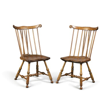 View full screen - View 1 of Lot 354. Extremely Rare Pair of Brace-Back Comb-Back Windsor Side Chairs, Philadelphia, Pennsylvania, Circa 1758-65.