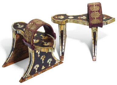 View full screen - View 1 of Lot 479. A RARE PAIR OF OTTOMAN TORTOISESHELL AND MOTHER-OF-PEARL WOODEN CLOGS, TURKEY, 17TH CENTURY.