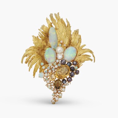 View full screen - View 1 of Lot 726. Gold, Opal, Cultured Pearl, Smokey Quartz and Diamond Brooch.