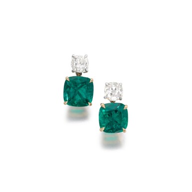 View full screen - View 1 of Lot 260. Fine pair of emerald and diamond earrings | 祖母綠配鑽石耳環一對.