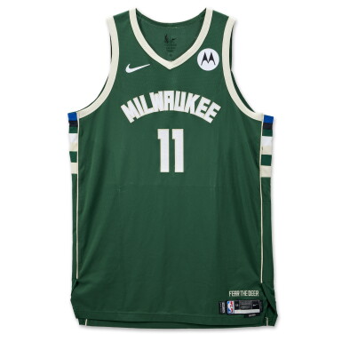 View full screen - View 1 of Lot 58. Brook Lopez Milwaukee Bucks 2023-2024 Kia NBA Tip-Off Game Worn Icon Edition Jersey .