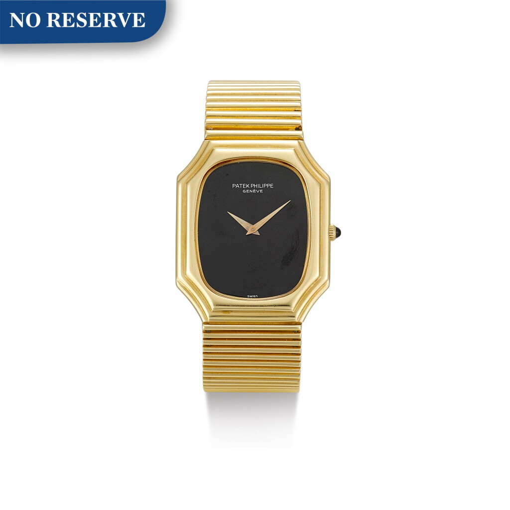 View full screen - View 1 of Lot 616. PATEK PHILIPPE | REFERENCE 3729/1, A YELLOW GOLD BRACELET WATCH WITH ONYX DIAL, MADE IN 1976.