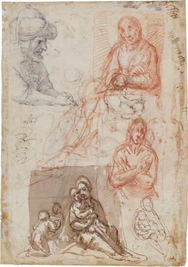 View full screen - View 1 of Lot 139. Recto: The Virgin and Child with Saint Francis and a subsidiary study of a hand; Verso: Study of a man in a turban with various studies of the Madonna.