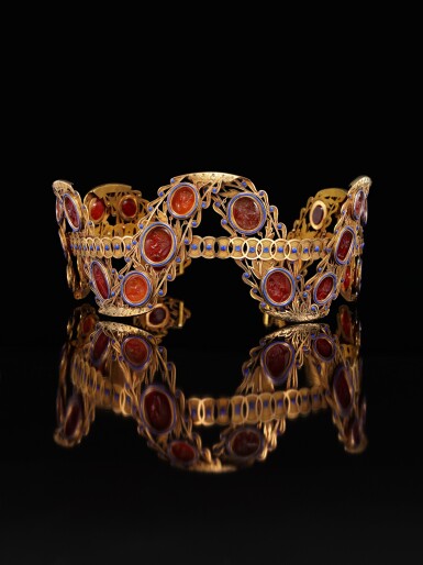 View full screen - View 1 of Lot 15. Carnelian, enamel and gold parure, circa 1805, some glyptics possibly ancient .