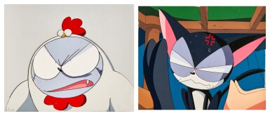 View full screen - View 1 of Lot 101. Kuro-chan in a Chicken Costume, and Annoyed Animation Cels and Dougas (Two Works) | 小雞裝扮與生氣的小黑咪賽璐璐,附線稿(兩張作品).