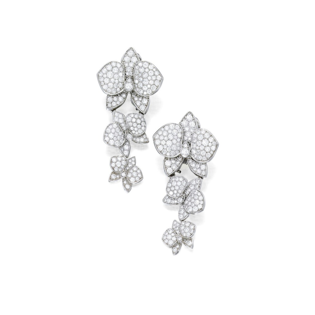 View full screen - View 1 of Lot 80. Cartier | Pair of Diamond 'Caresse d’Orchidées' Pendant-Earclips.
