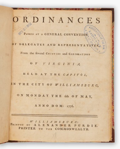 View full screen - View 1 of Lot 511. Virginia House of Delegates | The genesis of the Declaration of Independence and the Bill of Rights.