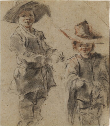 View full screen - View 1 of Lot 44. Two young peasants, standing, wearing hats.