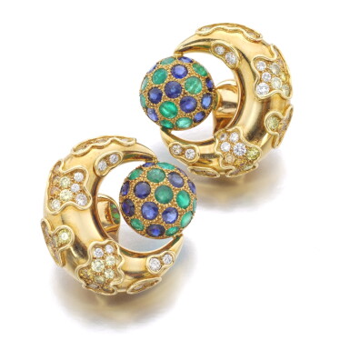 View full screen - View 1 of Lot 157. RENÉ BOIVIN | GEM SET AND DIAMOND EAR CLIPS, CIRCA 1970.