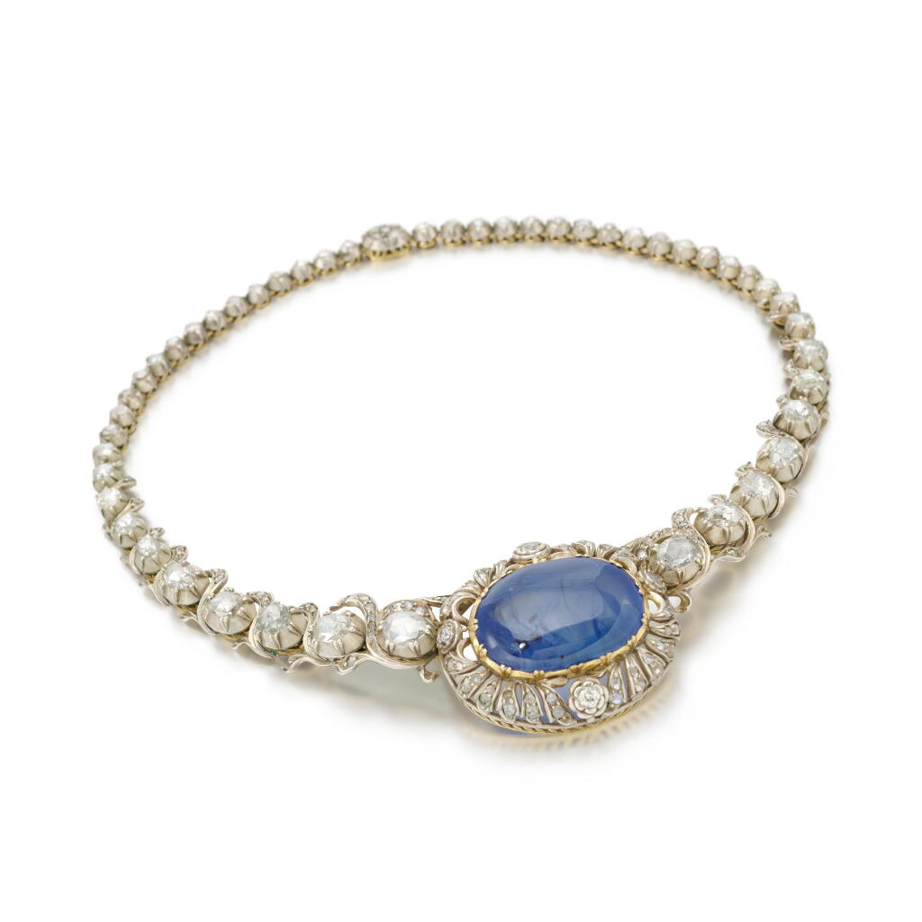 View full screen - View 1 of Lot 35. Sapphire and diamond necklace (Collana in zaffiro e diamanti).