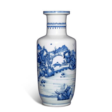 View full screen - View 1 of Lot 408. A blue and white 'landscape' rouleau vase, Qing dynasty, Kangxi period | 清康熙 青花山水人物圖棒槌瓶.