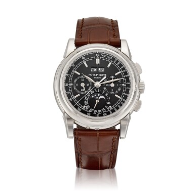 View full screen - View 1 of Lot 2308. Reference 5970 | A platinum perpetual calendar chronograph wristwatch with day, date, moon phases, 24 hours and leap year indication, Circa 2009 | 百達翡麗 | 型號5970 | 鉑金萬年曆計時腕錶,備日期、星期、月相、24小時及閏年顯示,約2009年製.