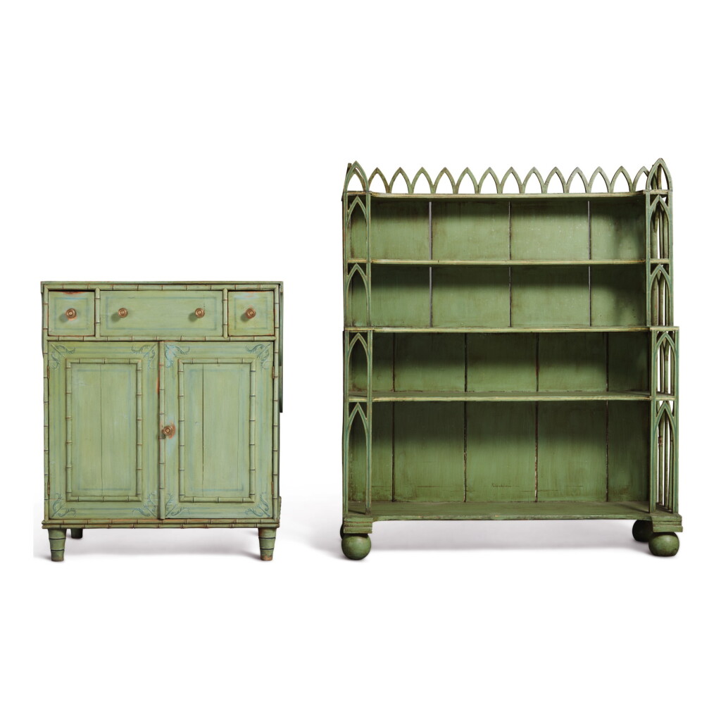 View full screen - View 1 of Lot 769. A GREEN-PAINTED NEO-GOTHIC ETAGERE TOGETHER WITH A GREEN-PAINTED FAUX BAMBOO SIDE CABINET.