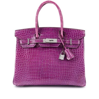 View full screen - View 1 of Lot 139. Violet Shiny Porosus Crocodile Birkin 30 18K White Gold and Diamond Hardware, 2007.