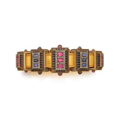 View full screen - View 1 of Lot 463. Gold, Sapphire, Enamel and Diamond Bangle-Bracelet.