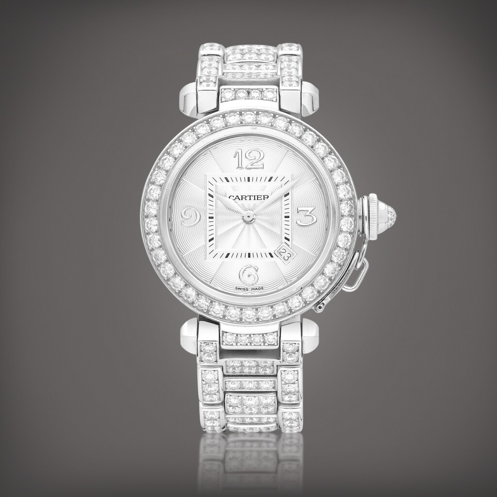 View full screen - View 1 of Lot 2184. Pasha, Reference 2398 | A white gold and diamond-set wristwatch with date and bracelet, Circa 2000 | 卡地亞 | PASHA 型號2398 | 白金鑲鑽石鏈帶腕錶,備日期顯示,約2000年製.