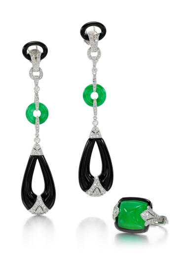 View full screen - View 1 of Lot 108. ONYX, JADEITE, ENAMEL AND DIAMOND DEMI-PARURE .