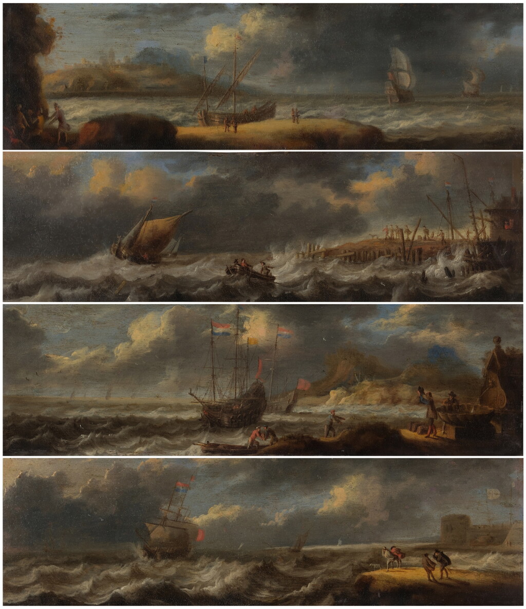View full screen - View 1 of Lot 518. Group of four coastal scenes with Dutch vessels in stormy weather.
