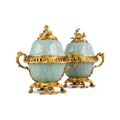 View full screen - View 1 of Lot 44. A pair of gilt-bronze mounted celadon porcelain pots-pourris vases, the porcelain Kangxi period (1662-1722), the mounts Louis XV, circa 1745–1749.