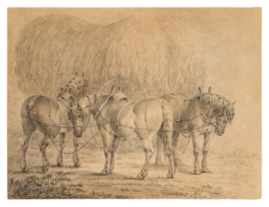 View full screen - View 1 of Lot 89. Carthorses with a cart laden with hay.