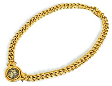 View full screen - View 1 of Lot 18. BULGARI GOLD, RUBY AND ANCIENT COIN 'MONETE' NECKLACE.