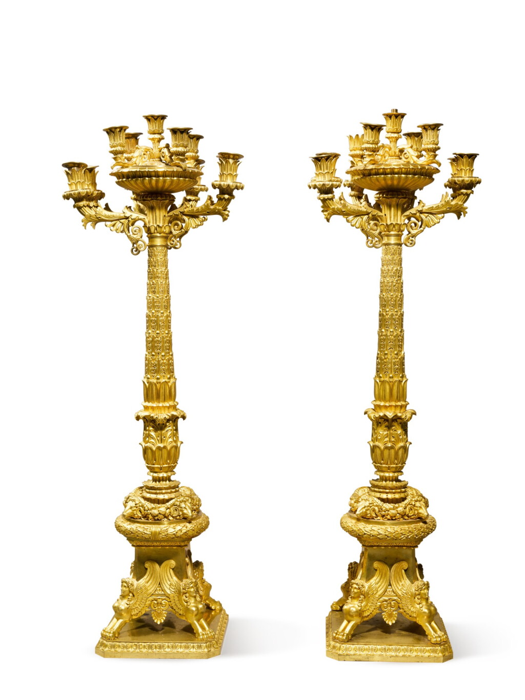 View full screen - View 1 of Lot 31. A Pair of Restauration Gilt Bronze Eleven-Light Candelabra, Circa 1820.