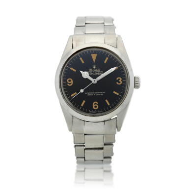 View full screen - View 1 of Lot 215. Reference 1016 Explorer, A stainless steel automatic wristwatch with bracelet and open chapter ring gilt dial, Circa 1965.