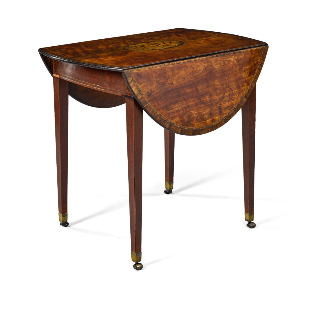 View full screen - View 1 of Lot 70. A George III purplewood and chevron banded satinwood marquetry Pembroke table by Gillows, 1788, executed by T. Atkinson.