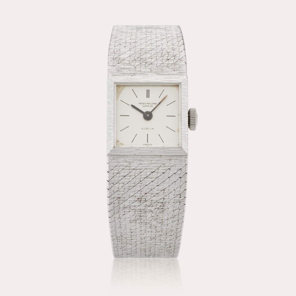 View full screen - View 1 of Lot 409. Reference 3285 | Retailed by Gübelin: A white gold square bracelet watch, Circa 1968.