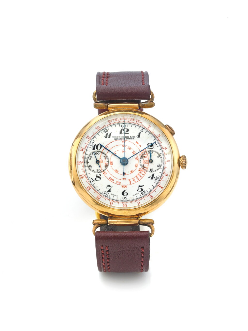 View full screen - View 1 of Lot 22. EBERHARD | A YELLOW GOLD MONO PUSHER CHRONOGRAPH WRISTWATCH WITH REGISTERS AND SNAIL TACHOMETER SCALE CIRCA 1940.