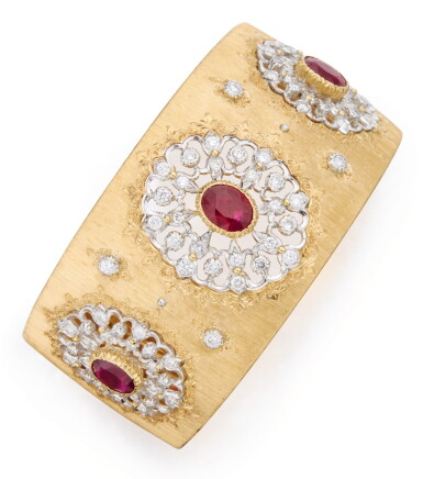 View full screen - View 1 of Lot 357. TWO-COLOR GOLD, DIAMOND AND RUBY CUFF-BRACELET, BUCCELLATI.
