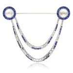 Rock crystal, sapphire and diamond jabot pin, circa 1910