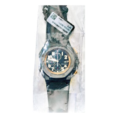 View full screen - View 1 of Lot 850. AUDEMARS PIGUET | REF 26378 ROYAL OAK OFFSHORE ARNOLD SCHWARZENEGGER THE LEGACY CHRONOGRAPH, A LIMITED EDITION TITANIUM CERAMIC AND PINK GOLD AUTOMATIC CHRONOGRAPH WRISTWATCH WITH DATE FACTORY SEALED, CIRCA 2010 | 愛彼 | 26378型號「ROYAL OAK OFFSHORE ARNOLD SCHWARZENEGGER THE LEGACY CHRONOGRAPH」限量版鈦金屬配陶瓷及粉紅金自動上鏈計時腕錶備日期顯示,原廠密封,年份約2010.