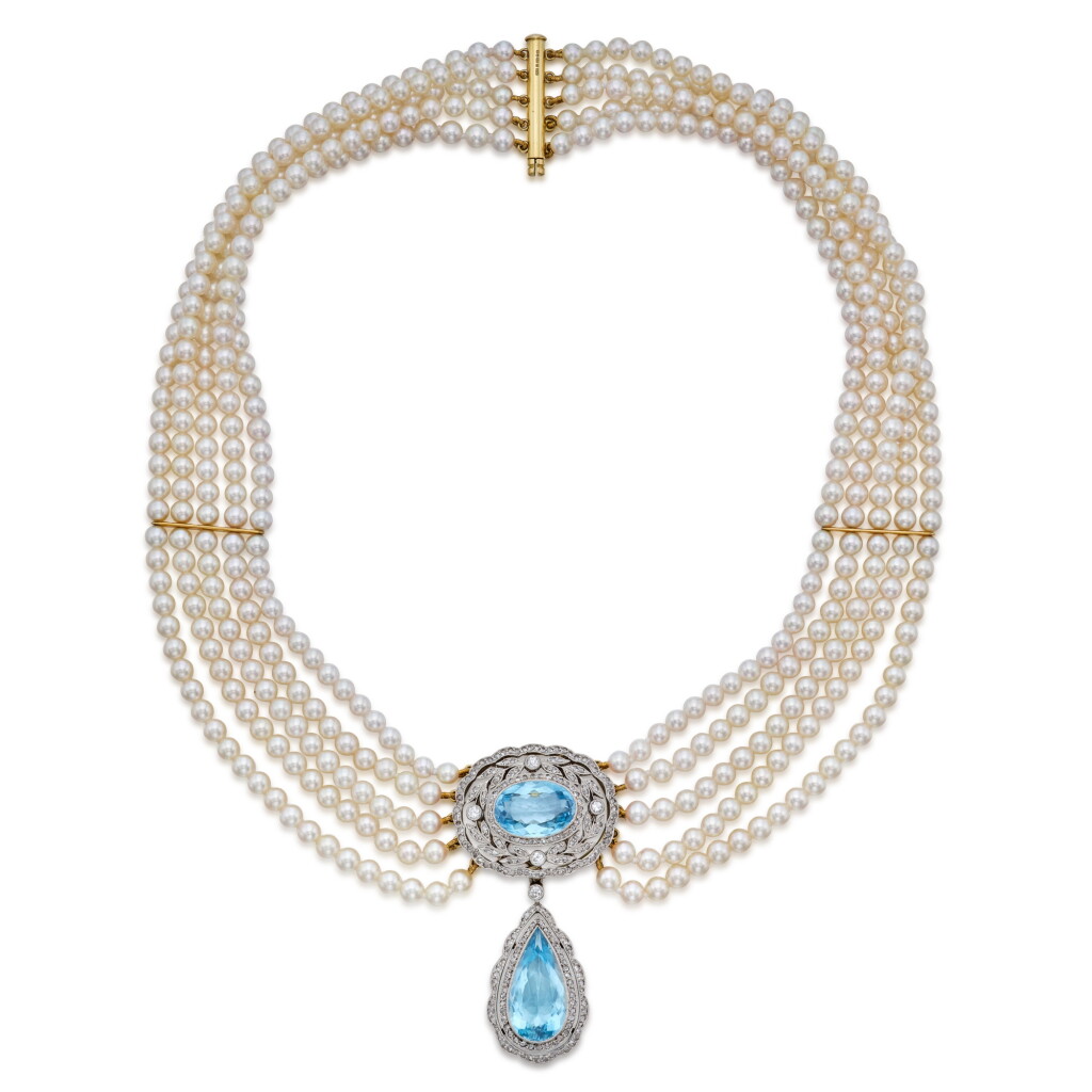 View full screen - View 1 of Lot 408. Aquamarine, Diamond and Cultured Pearl Necklace-Brooch Combination.
