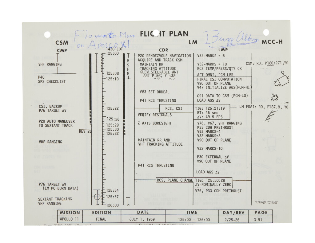 View full screen - View 1 of Lot 10. FLOWN Apollo 11 Flight Plan Sheet — A Critical Portion of the Ascent and Rendezvous Sequences.