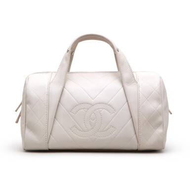 View full screen - View 1 of Lot 29. White Chevron and Diamond Quilted Calfskin All Day Long Medium Bowler Silver Hardware, 2005-2006.