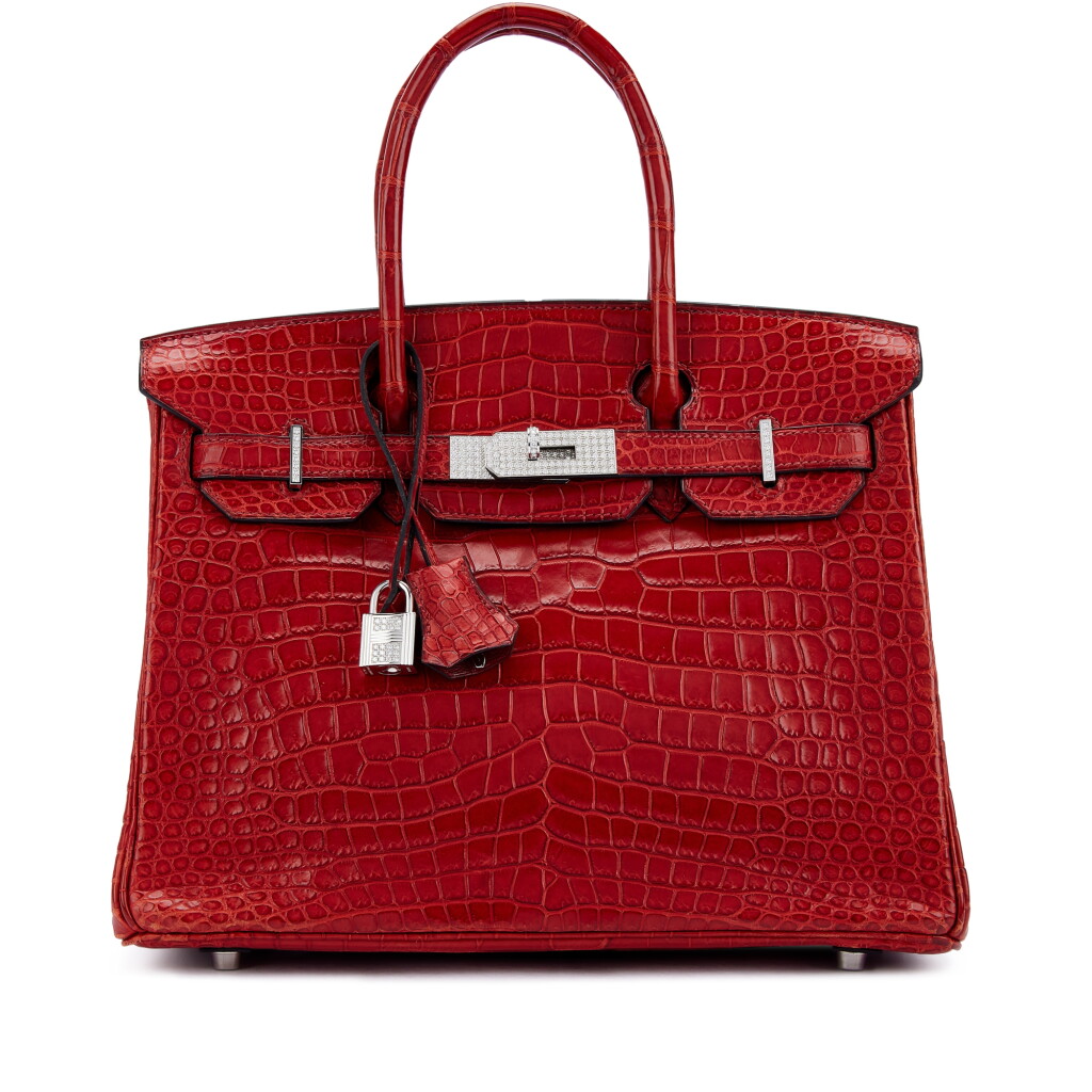 View full screen - View 1 of Lot 1573. Rouge H Matte Porosus Crocodile Birkin 30 18K White Gold and Diamond Hardware, 2007.