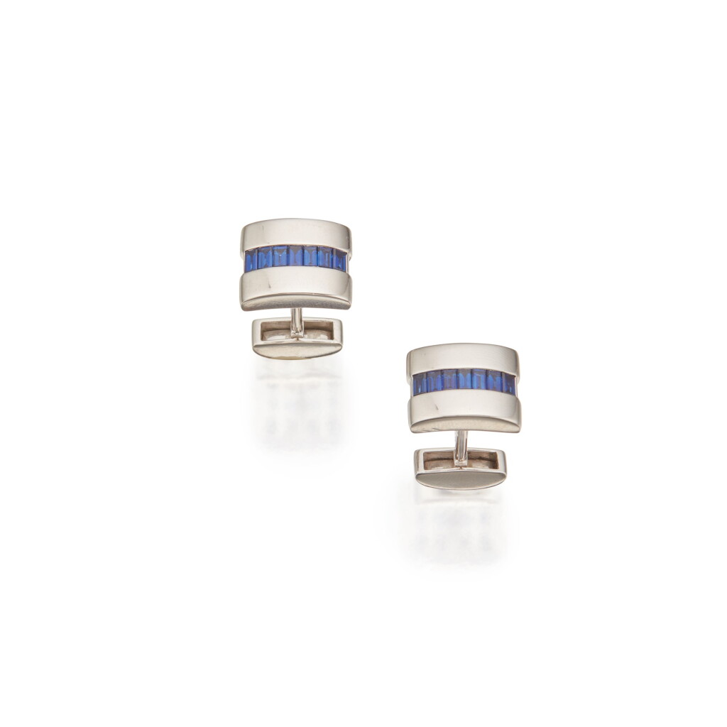 View full screen - View 1 of Lot 499. Van Cleef & Arpels | Pair of White Gold and Sapphire Cufflinks.