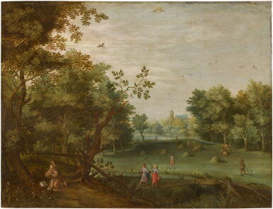 View full screen - View 1 of Lot 14. Summer landscape with a Franciscan saint in the foreground.