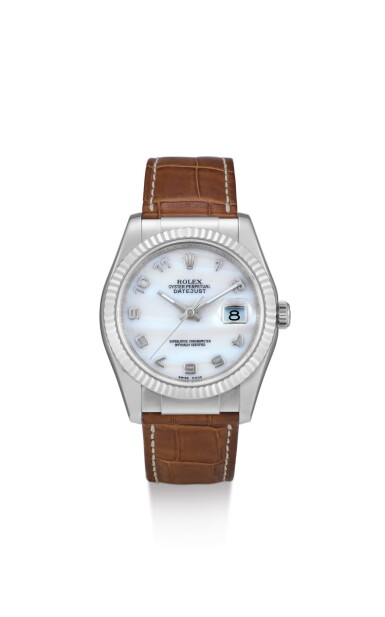 View full screen - View 1 of Lot 10. ROLEX | DATEJUST, REFERENCE 116139, A WHITE GOLD WRISTWATCH WITH DATE AND HARDSTONE DIAL, CIRCA 2005.
