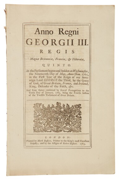 View full screen - View 1 of Lot 176. Parliamentary Act. Reign of George III | The Quartering Act of 1765.