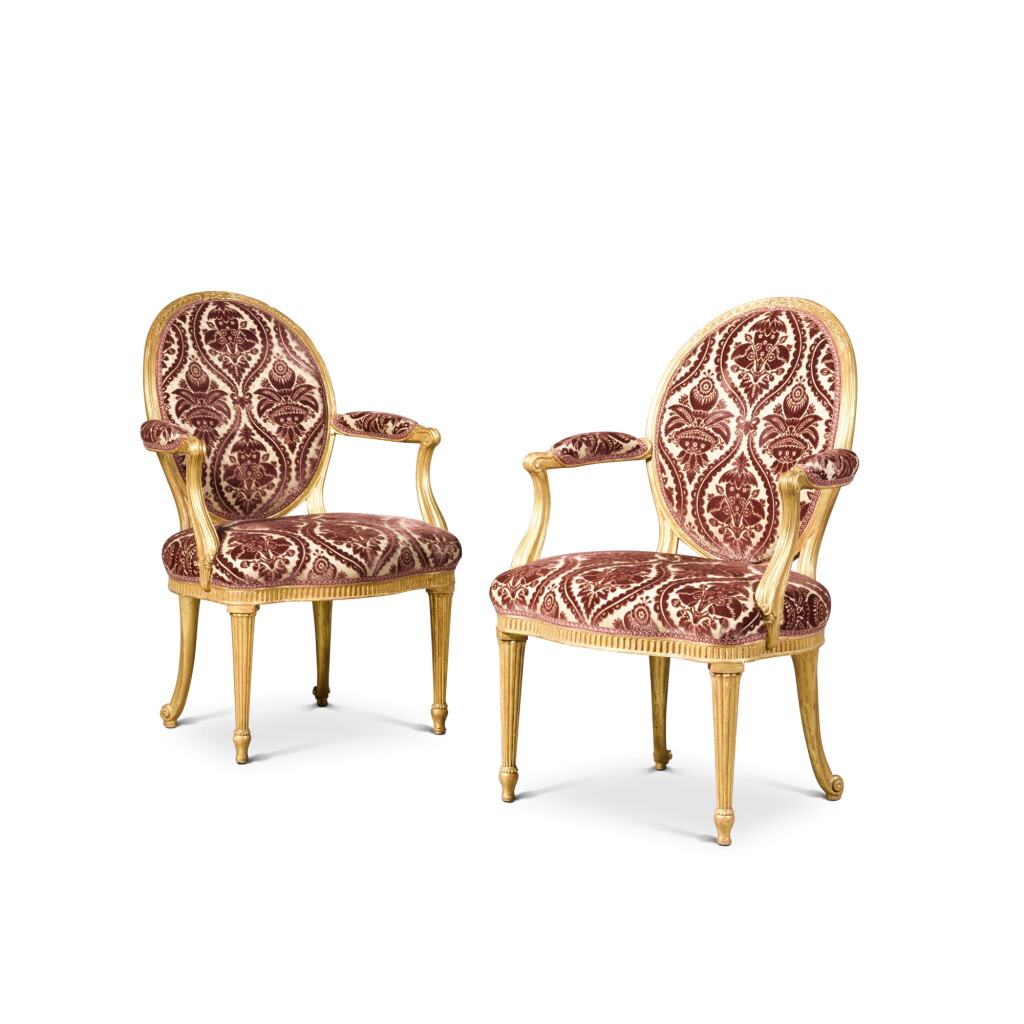 View full screen - View 1 of Lot 48. A pair of George III carved giltwood armchairs, circa 1775, attributed to Thomas Chippendale.