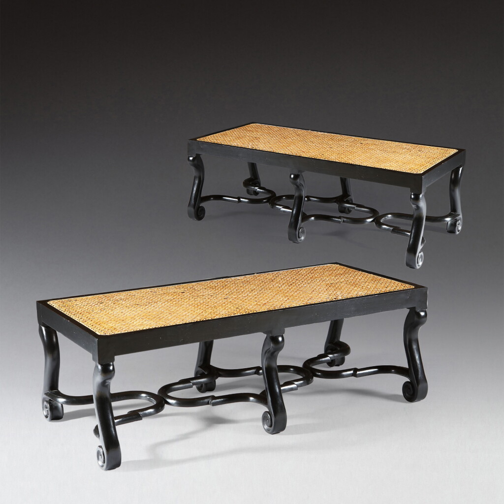 View full screen - View 1 of Lot 44. A pair of Louis XIII-style ebonised teak caned benches, circa 2000 | Paire de banquettes cannées en teck noirci, dans le goût Louis XIII, vers 2000.