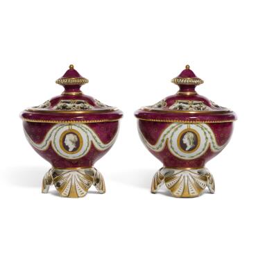 View full screen - View 1 of Lot 52. A pair of Chelsea claret-ground pot-pourri bowls and covers, circa 1765.